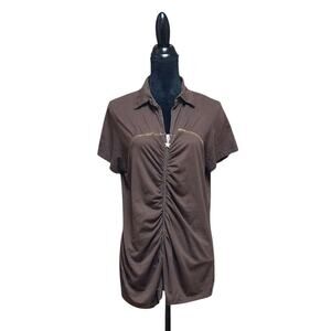 Illusion Ruched Womens Size 2X Vintage 90s Y2K Star Full-Zip Brown Collared Top